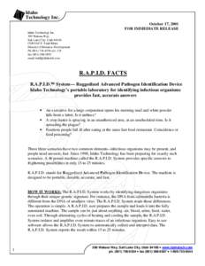 Idaho Technology Inc. October 17, 2001 FOR IMMEDIATE RELEASE Idaho Technology Inc. 390 Wakara Way