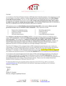   Greetings! As an alumnus of the National Hispanic Institute’s (NHI) high school leadership programs, I am contacting you to ask for your support in investing in tomorrow’s leaders through sponsoring student partic