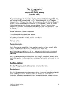 City of Harrington MINUTES City Council Special Meeting December 2, 2013  A special meeting of the Harrington City Council was held at Harrington City Hall,