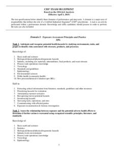 CIH® EXAM BLUEPRINT Based on the 2014 Job Analysis (Effective April 1, 2015) The test specifications below identify three domains of performance and nine tasks. A domain is a major area of responsibility that defines th