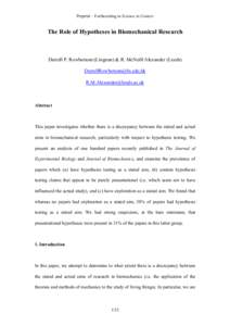 Preprint – Forthcoming in Science in Context  The Role of Hypotheses in Biomechanical Research Darrell P. Rowbottom (Lingnan) & R. McNeill Alexander (Leeds) [removed]