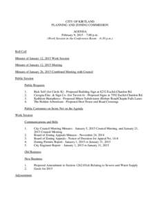 CITY OF KIRTLAND PLANNING AND ZONING COMMISSION AGENDA February 9, 2015 – 7:00 p.m. (Work Session in the Conference Room – 6:30 p.m.)
