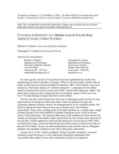 To appear in: Kirmayer, L. & Valaskakis, G. (Eds.). The Mental Health of Canadian Aboriginal Peoples: Transformations, Identity, and Community. University of British Columbia Press. Note: This is a final draft version of