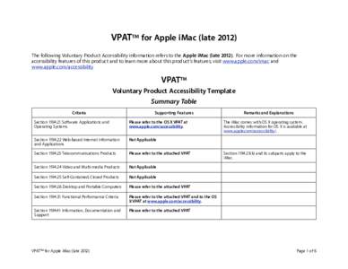 VPAT™ for Apple iMac (late[removed]The following Voluntary Product Accessibility information refers to the Apple iMac (late[removed]For more information on the accessibility features of this product and to learn more abou