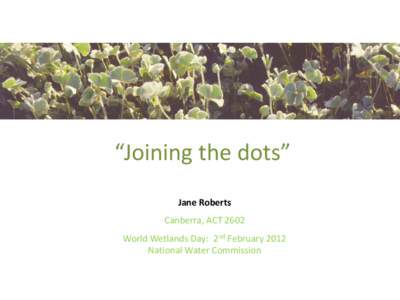 “Joining the dots” Jane Roberts Canberra, ACT 2602 World Wetlands Day: 2nd February 2012 National Water Commission