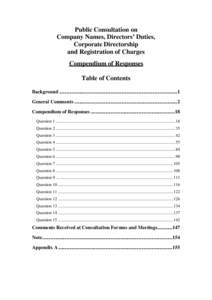 Public Consultation on Company Names, Directors’ Duties, Corporate Directorship and Registration of Charges Compendium of Responses Table of Contents