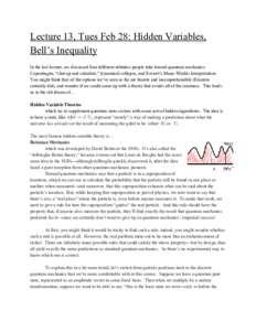 Lecture 13, Tues Feb 28: Hidden Variables, Bell’s Inequality In the last lecture, we discussed four different attitudes people take toward quantum mechanics: Copenhagen, “shut up and calculate,” dynamical collapse,