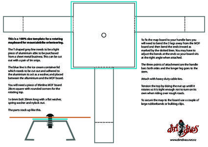 This is a 100% size template for a rotating mapboard for mountainbike orienteering. The T shaped grey line needs to be a light piece of aluminium able to be purchased from a sheet metal business. This can be cut out with