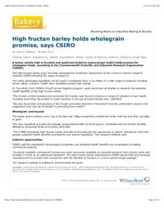 High fructan barley for wholegrain foods, CSIRO:01 PM Breaking News on Industrial Baking & Snacks