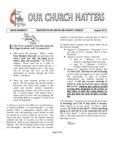 ISSUE NUMBER 8  REISTERSTOWN UNITED METHODIST CHURCH August 2013