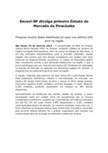 Secovi-SP divulga primeiro Estudo de Mercado de Piracicaba Pesquisa mostra dados detalhados do setor nos últimos três anos na região São Paulo, 24 de abril deA concentração de 64% do Produto Interno Bruto P