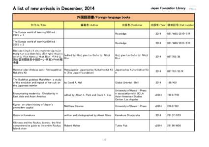 A list of new arrivals in December, 2014  Japan Foundation Library 外国語図書/Foreign-language books 編著者/Author