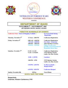 VETERANS OF FOREIGN WARS WESTERN CONFERENCE hosted by DEPARTMENT OF IDAHO NOVEMBER 5th - NOVEMBER 8th, 2015