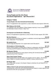 Young People and the Arts Panel Successful Applications – April Round 2013 Category Total(s) Young People & the Arts International Scholarship One of 12 applications was supported to a total of $30,000 (total request: 