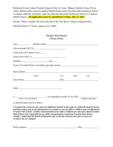 Richmond County School Transfer Request Form for Active Military Families living off base whose children either attends Langford Middle School and/or Sue Reynolds Elementary School or resides within the attendance zones 