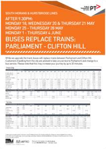 SOUTH MORANG & HURSTBRIDGE LINES  AFTER 9.30PM: MONDAY 18, WEDNESDAY 20 & THURSDAY 21 MAY MONDAY 25 - THURSDAY 28 MAY MONDAY 1 - THURSDAY 4 JUNE