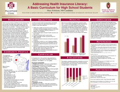 Addressing Health Insurance Literacy: A Basic Curriculum for High School Students Mary Erickson, MD Candidate WISCONSIN ACADEMY FOR RURAL MEDICINE ■ UNIVERSITY OF WISCONSIN SCHOOL OF MEDICINE AND PUBLIC HEALTH  B ACKGR