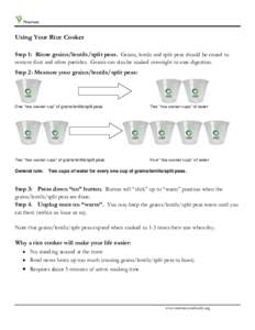 Nurture  Using Your Rice Cooker Step 1: Rinse grains/lentils/split peas. Grains, lentils and split peas should be rinsed to remove dust and other particles. Grains can also be soaked overnight to ease digestion.