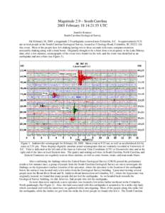 Magnitude 2.9 – South Carolina 2005 February 18 14:21:55 UTC Jennifer Krauser South Carolina Geological Survey On February 18, 2005, a magnitude 2.9 earthquake occurred near Columbia, S.C. At approximately 9:21 am seve