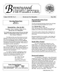 Volume XXXVIII No. 5  Brentwood, New Hampshire Recycling Pickup Dates May 6 & 7