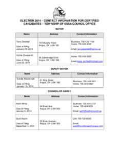 ELECTION 2014 – CONTACT INFORMATION FOR CERTIFIED CANDIDATES – TOWNSHIP OF ESSA COUNCIL OFFICE MAYOR Name  Terry Dowdall