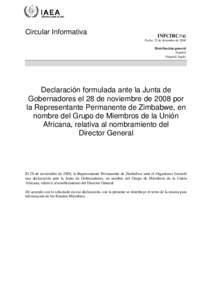 INFCIRC[removed]Statement delivered in the Board of Governors on 28 November 2008 by the Resident Representative of Zimbabwe on behalf of the group of members of the African Union concerning the appointment of the Director