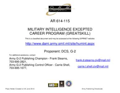 AR[removed]MILITARY INTELLIGENCE EXCEPTED CAREER PROGRAM (GREATSKILL) This is a classified document and may be accessed at the following SIPRNET website:  http://www.dami.army.smil.mil/site/humint.aspx