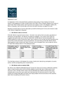 September 3, 2014 i On September 2, 2014, Alexandra Morton published a blog posting (“Fraser Sockeye Vs Farmed Salmon”) that suggests the number of active salmon farm sites in 2012 is directly related to the number o