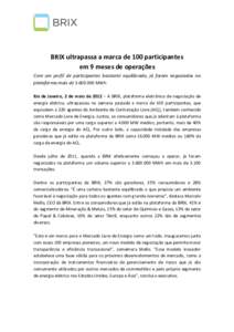 BRIX ultrapassa a marca de 100 participantes em 9 meses de operações Com um perfil de participantes bastante equilibrado, já foram negociados na plataforma mais deMWh Rio de Janeiro, 2 de maio de 2012 – A