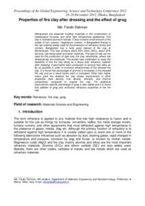 Proceedings of the Global Engineering, Science and Technology Conference[removed]December 2012, Dhaka, Bangladesh Properties of fire clay after dressing and the effect of grog Md. Farabi Rahman Refractories are essent