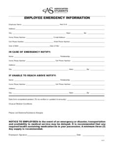 EMPLOYEE EMERGENCY INFORMATION Employee Name: ________________________________________ Red ID #: _______________________________________ Address: __________________________________________________________________________