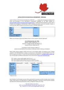 APPLICATION FOR INDIVIDUAL MEMBERSHIP / RENEWAL I wish to join / renew my membership in BACS for (insert year) and agree to abide by the terms and provisions of the Association’s Constitution (available on the BACS web