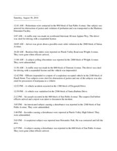 --------------------------------Saturday, August 30, 2014 -----------------------------------12:41 AM – Pedestrians were contacted in the 900 block of San Pablo Avenue. One subject was arrested for obstruction of justi