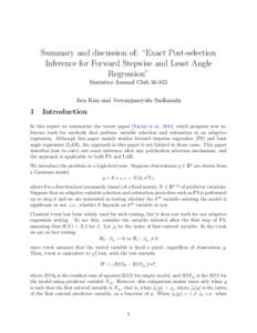 Summary and discussion of: “Exact Post-selection Inference for Forward Stepwise and Least Angle Regression” Statistics Journal Club[removed]Jisu Kim and Veeranjaneyulu Sadhanala