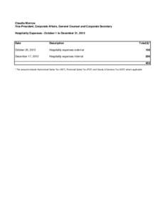 Claudia Morrow Vice-President, Corporate Affairs, General Counsel and Corporate Secretary Hospitality Expenses - October 1 to December 31, 2012 Date