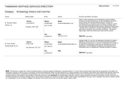 Date printed:  TASMANIAN HERITAGE SERVICES DIRECTORY Category:  [removed]