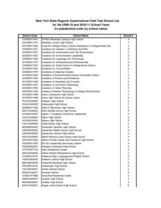 New York State Regents Examinations Field Test Strand List for the[removed]and[removed]School Years (In alphabetical order by school name) School Code[removed][removed]