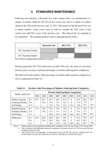 4. STANDARDS MAINTENANCE Following past practices, a Research Test with common items was administered to a sample of students sitting for the TSA in the current year, and to a sample of students sitting for the TSA in th