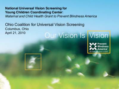 National Universal Vision Screening for Young Children Coordinating Center: Maternal and Child Health Grant to Prevent Blindness America Ohio Coalition for Universal Vision Screening Columbus, Ohio
