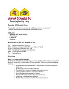 December 2012 Network eNews “Very practical. Love that I can use what I learned Monday morning in my classroom.” Classroom Action Workshop Participant, New Westminster (SD #40) In this Issue • November 2012 School 