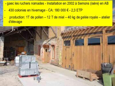 - gaec les ruchers nomades - Installation en 2002 à Semons (isère) en ABcolonies en hivernage - CA:  € - 2,3 ETP -  production: 1T de pollen – 12 T de miel – 40 kg de gelée royale – atelier