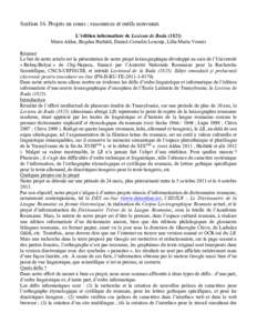 Section 16. Projets en cours ; ressources et outils nouveaux L’édition informatisée de Lexicon de Buda[removed]Maria Aldea, Bogdan Harhătă, Daniel-Corneliu Leucuţa, Lilla-Marta Vremir Résumé Le but de notre artic