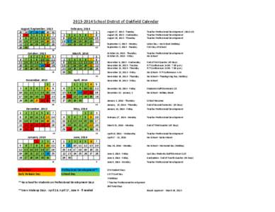 [removed]School District of Oakfield Calendar August/September, [removed][removed][removed][removed][removed]
