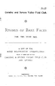 No[removed]Caradoc and Severn Valley Field Club. RECORD OF BARE FACTS FOR