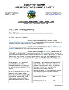 COUNTY OF TEHAMA DEPARTMENT OF BUILDING & SAFETY John Stover, Building Official nd 444 Oak St. 2 Floor Room H Red Bluff, CA[removed]