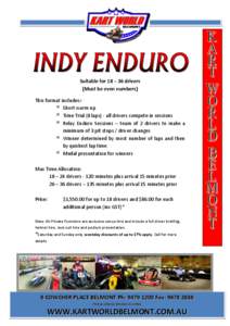 Suitable for 18 – 36 drivers (Must be even numbers) This format includes:Short warm up Time Trial (8 laps) - all drivers compete in sessions Relay Enduro Sessions – team of 2 drivers to make a minimum of 3 pit stops 
