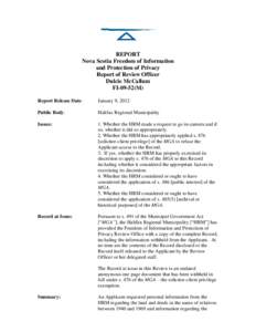 REPORT Nova Scotia Freedom of Information and Protection of Privacy Report of Review Officer Dulcie McCallum FI[removed]M)