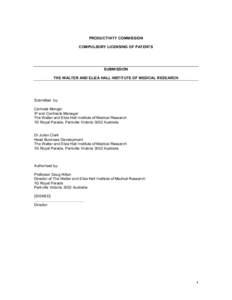 Submission 13 - The Walter And Eliza Hall Institute of Medical Research - Compulsory Licensing of Patents public inquiry