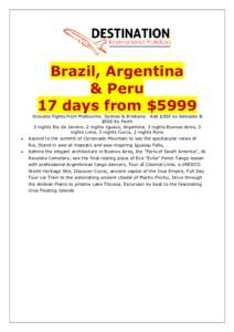 Brazil, Argentina & Peru 17 days from $5999  