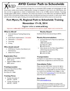 AVID Center Path to Schoolwide Path to Schoolwide trainings focus on schoolwide AVID strategies and methodologies for high school and/or middle school teachers. Implementation trainings are designed for those new to the 